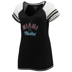 Miami Marlins Soft as a Grape Women's Curvy Color Block Tri-Blend Raglan V-Neck T-Shirt - Black