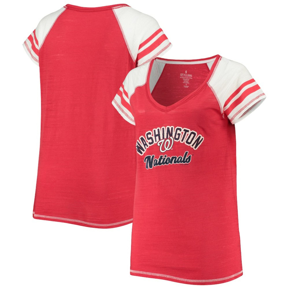 Washington Nationals Soft as a Grape Women's Curvy Color Block Tri-Blend Raglan V-Neck T-Shirt - Red