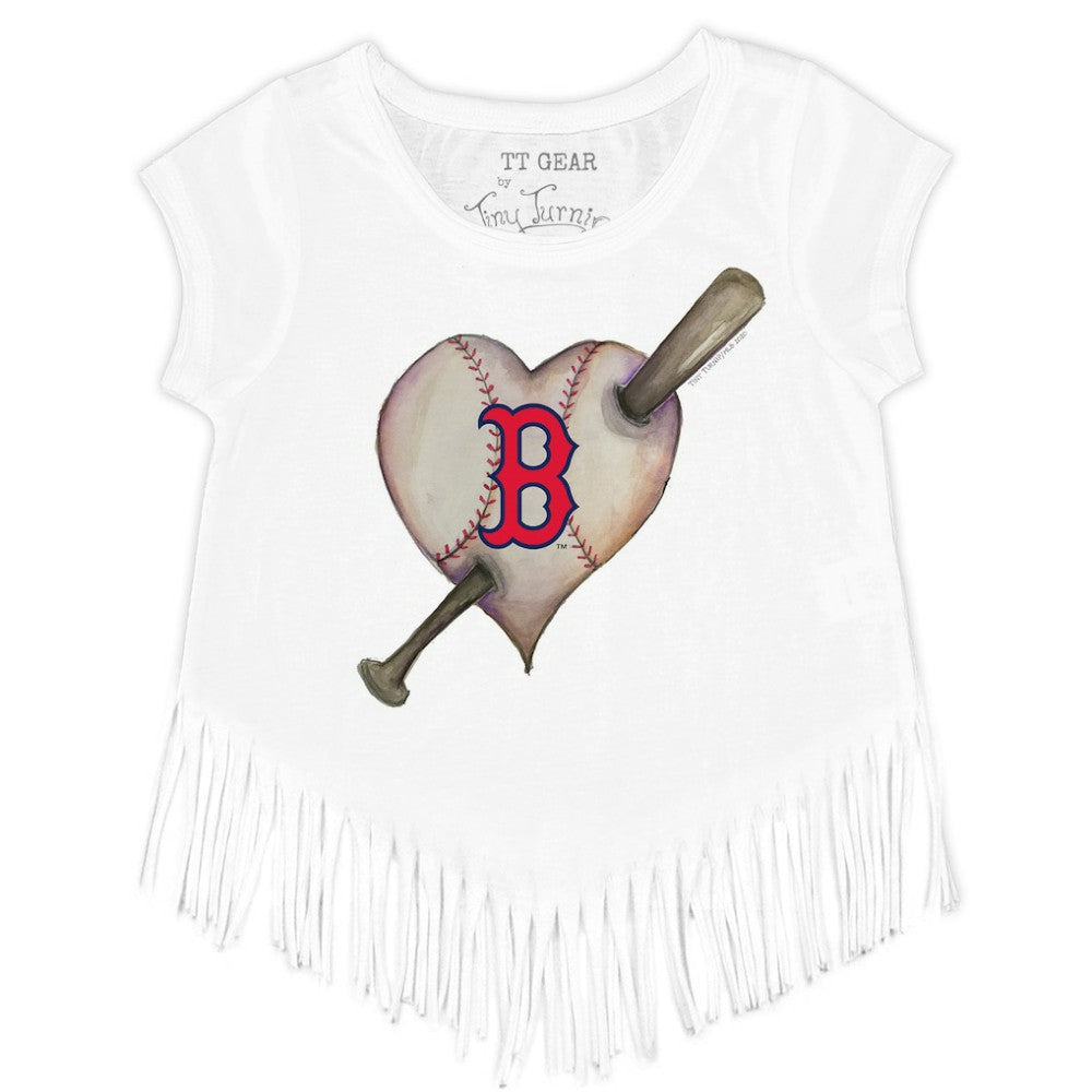 Boston Red Sox Tiny Turnip Girls Youth Heart Bat Fringe T-Shirt - White