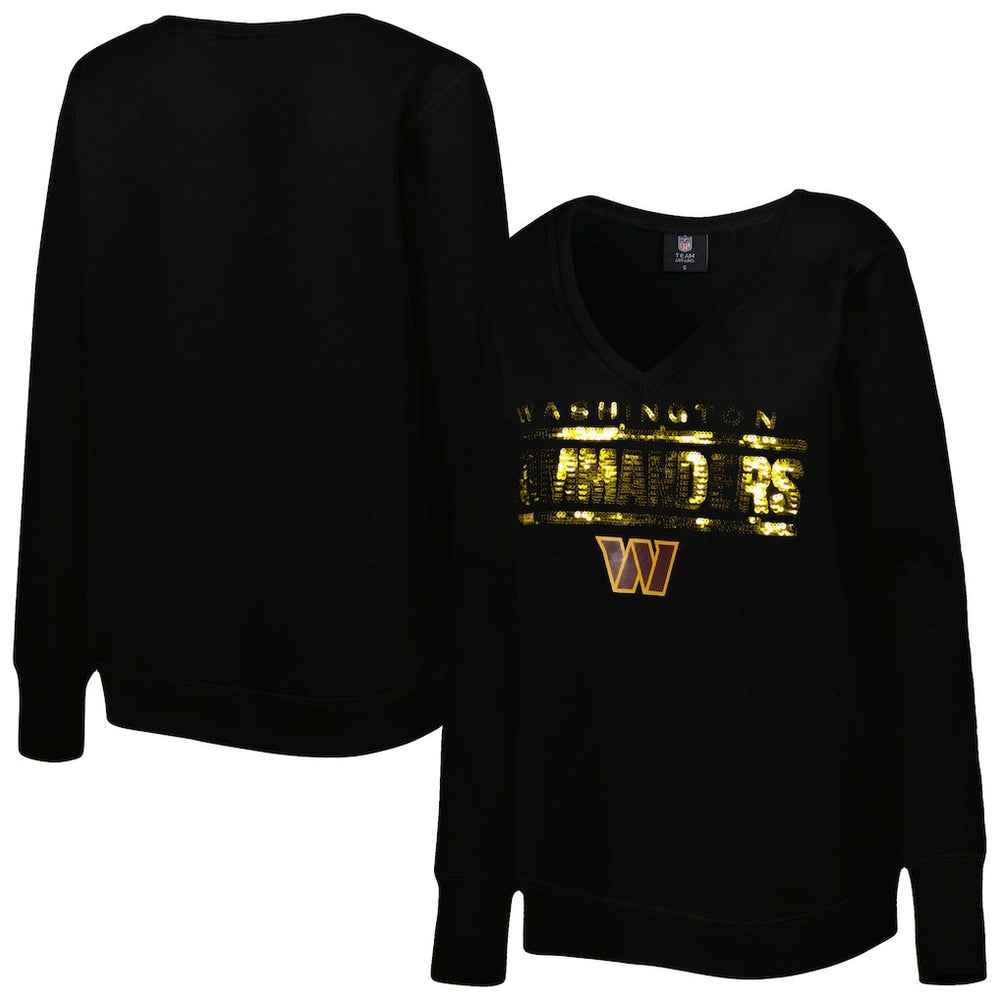 Washington Commanders Cuce Women's Sequin Logo V-Neck Pullover Sweatshirt - Black outlet