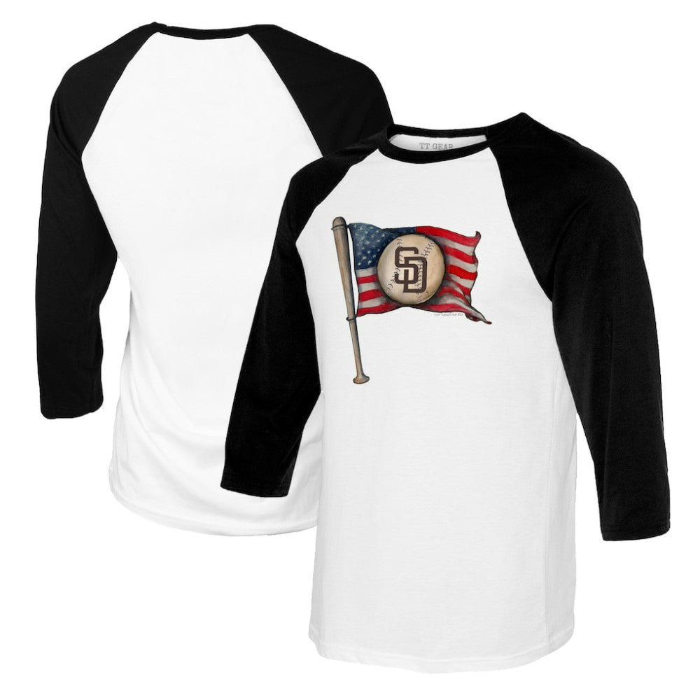 San Diego Padres Tiny Turnip Women's Baseball Flag Raglan 3/4 Sleeve T-Shirt - White/Black