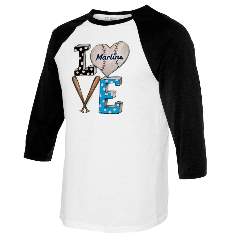 Miami Marlins Tiny Turnip Women's Baseball Love Raglan 3/4-Sleeve T-Shirt - White/Black