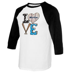 Miami Marlins Tiny Turnip Women's Baseball Love Raglan 3/4-Sleeve T-Shirt - White/Black