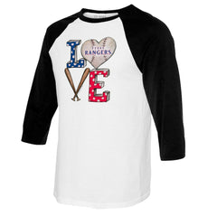 Texas Rangers Tiny Turnip Women's Baseball Love Raglan 3/4-Sleeve T-Shirt - White/Black