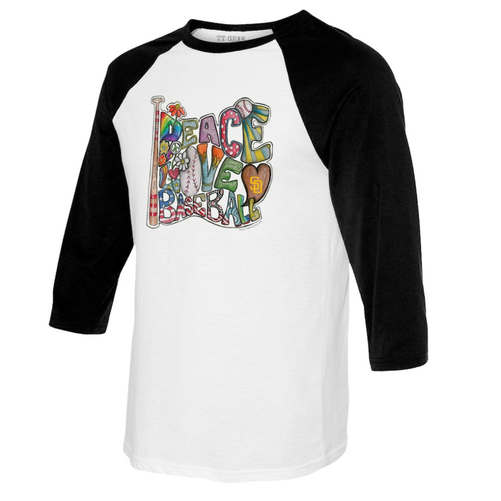 San Diego Padres Tiny Turnip Women's Peace Love Baseball 3/4-Sleeve Raglan T-Shirt - White/Black