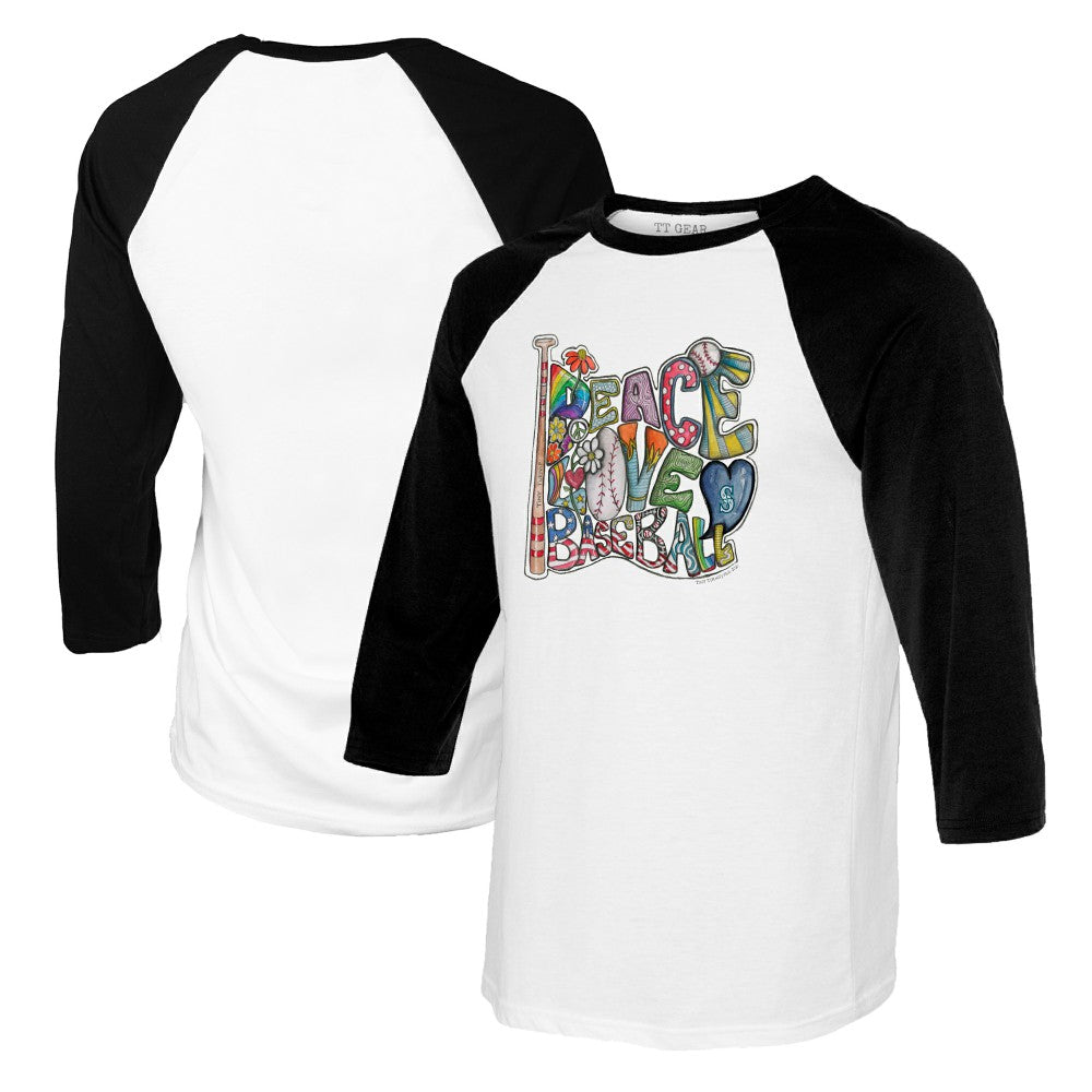 Seattle Mariners Tiny Turnip Women's Peace Love Baseball 3/4-Sleeve Raglan T-Shirt - White/Black
