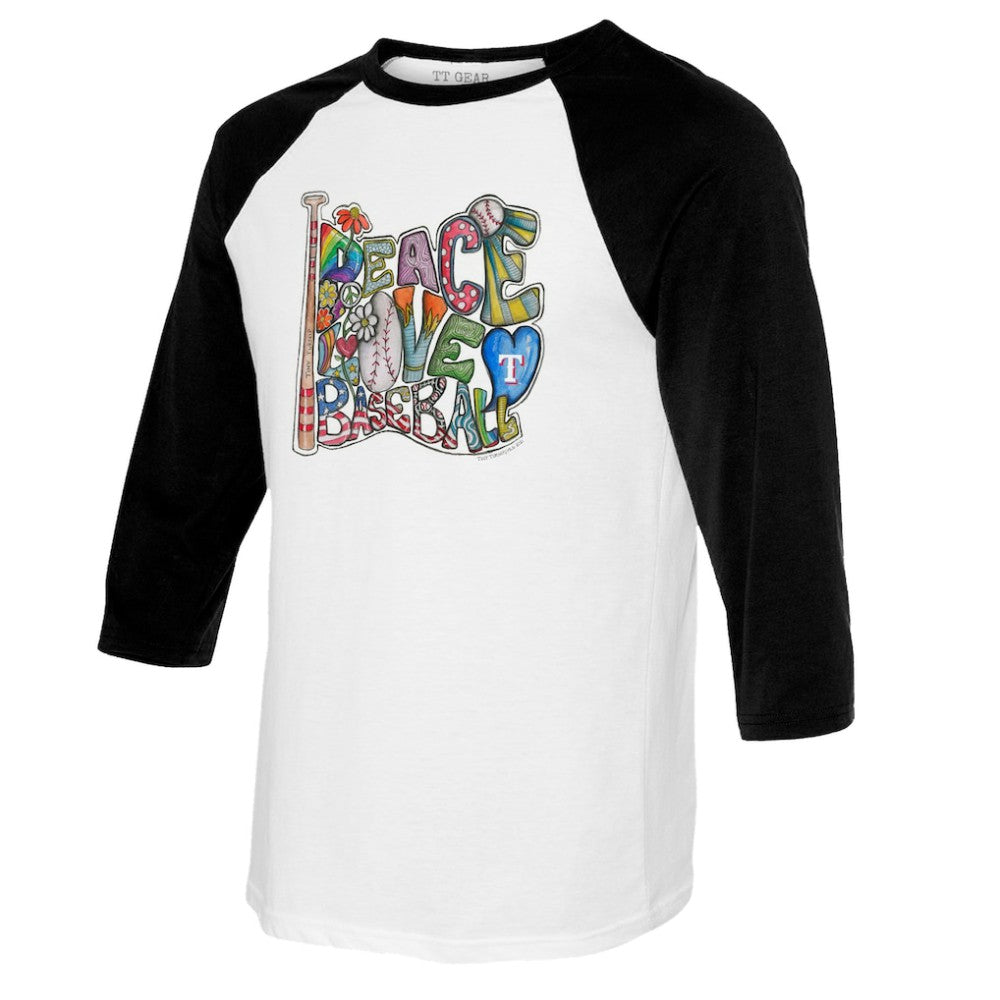 Texas Rangers Tiny Turnip Women's Peace Love Baseball 3/4-Sleeve Raglan T-Shirt - White/Black