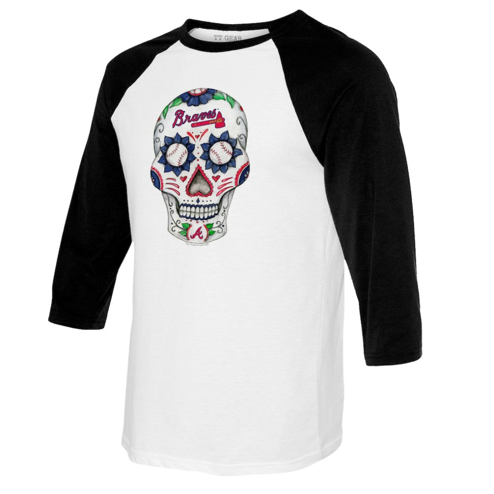 Atlanta Braves Tiny Turnip Women's Sugar Skull 3/4-Sleeve Raglan T-Shirt - White/Black