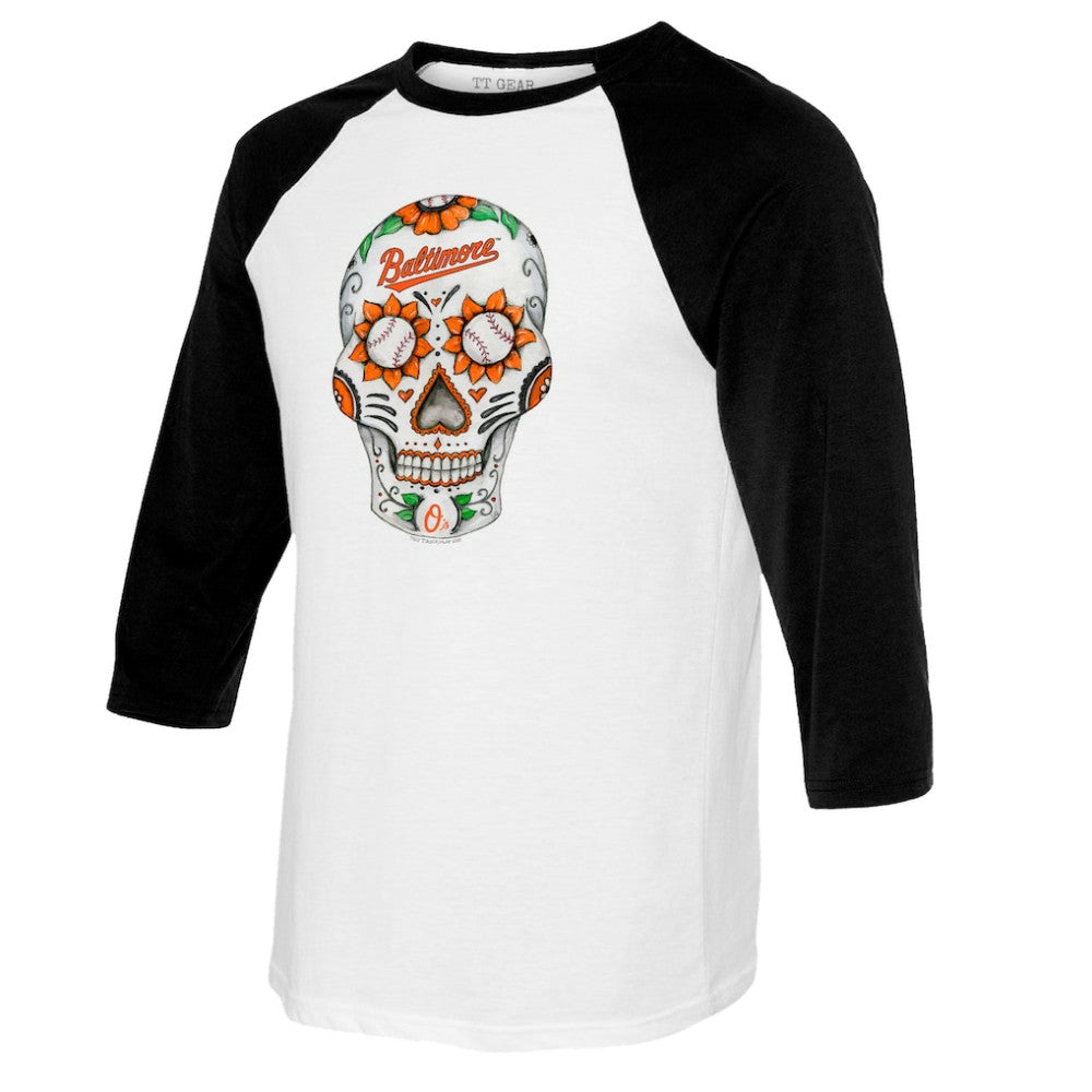 Baltimore Orioles Tiny Turnip Women's Sugar Skull 3/4-Sleeve Raglan T-Shirt - White/Black