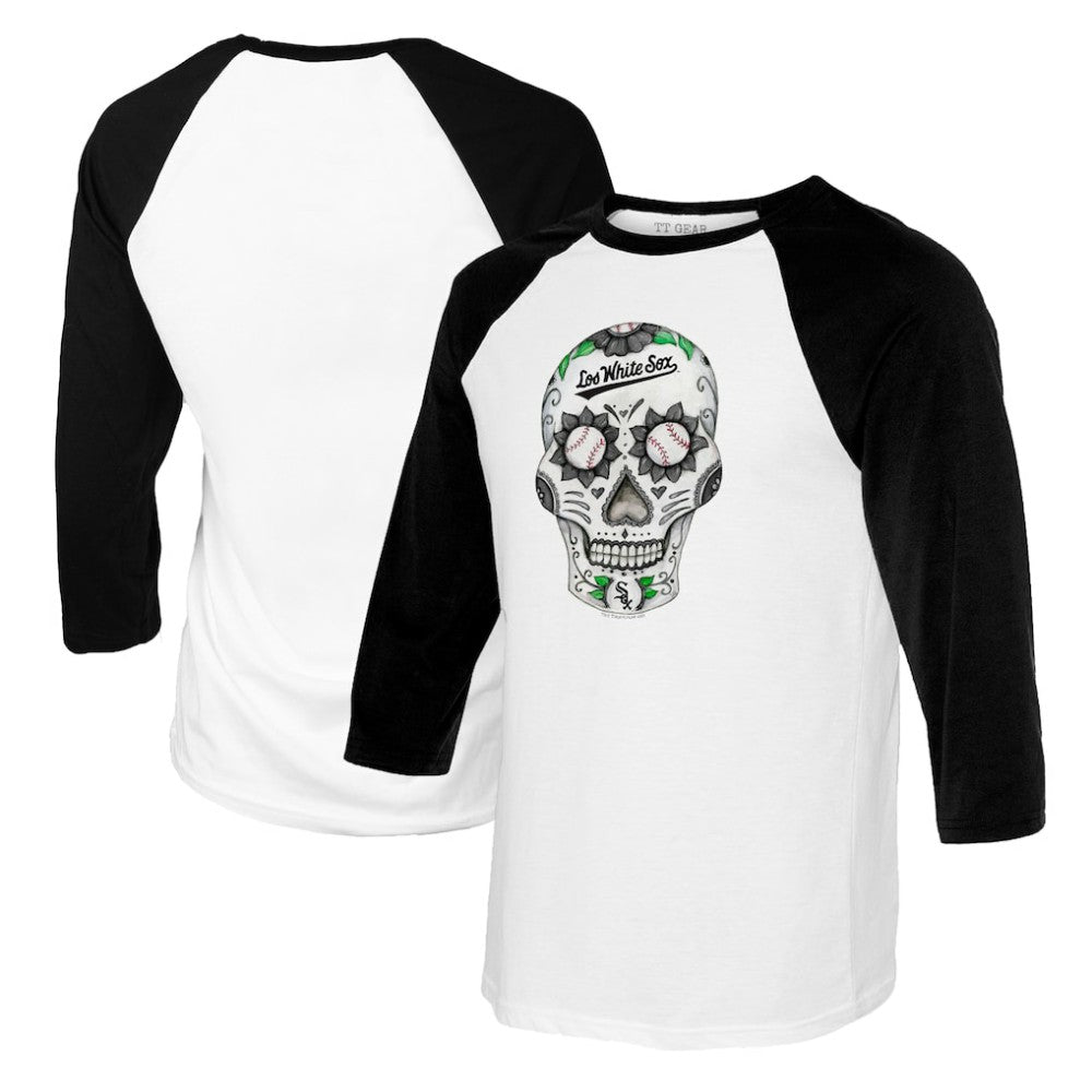 Chicago White Sox Tiny Turnip Women's Sugar Skull 3/4-Sleeve Raglan T-Shirt - White/Black