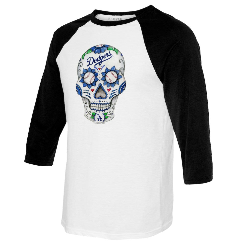Los Angeles Dodgers Tiny Turnip Women's Sugar Skull 3/4-Sleeve Raglan T-Shirt - White/Black