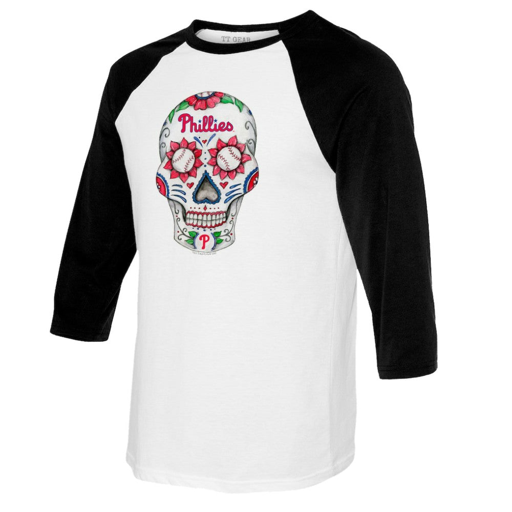 Philadelphia Phillies Tiny Turnip Women's Sugar Skull 3/4-Sleeve Raglan T-Shirt - White/Black