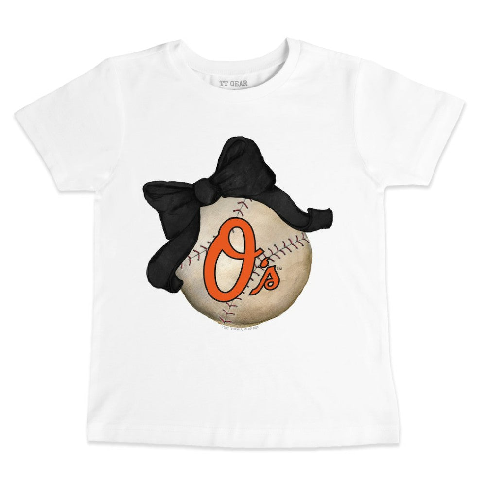 Baltimore Orioles Tiny Turnip Youth Baseball Bow T-Shirt - White