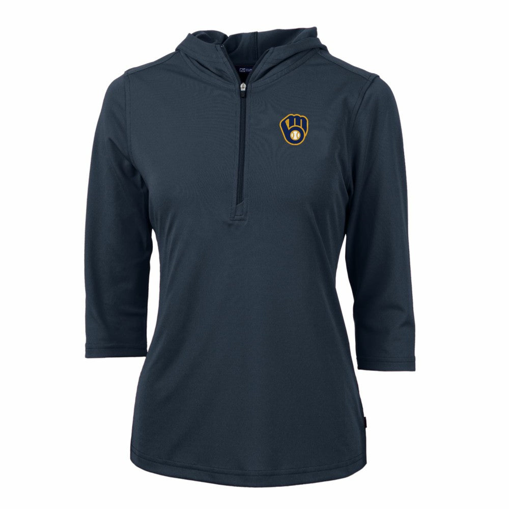 Milwaukee Brewers Cutter & Buck Women's Virtue Eco Pique 3/4 Sleeve Half-Zip Pullover Hoodie - Navy