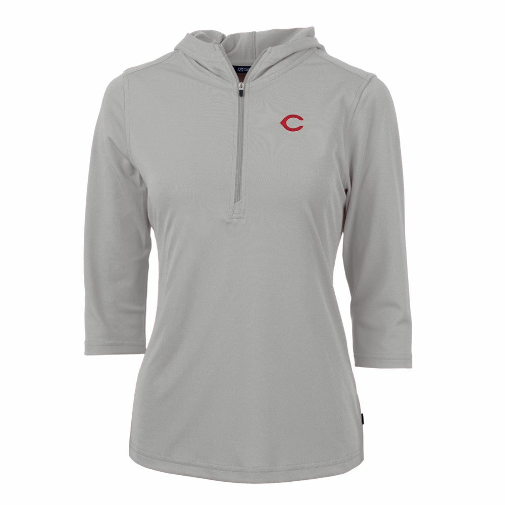 Cincinnati Reds Cutter & Buck Women's Virtue Eco Pique 3/4 Sleeve Half-Zip Pullover Hoodie - Gray