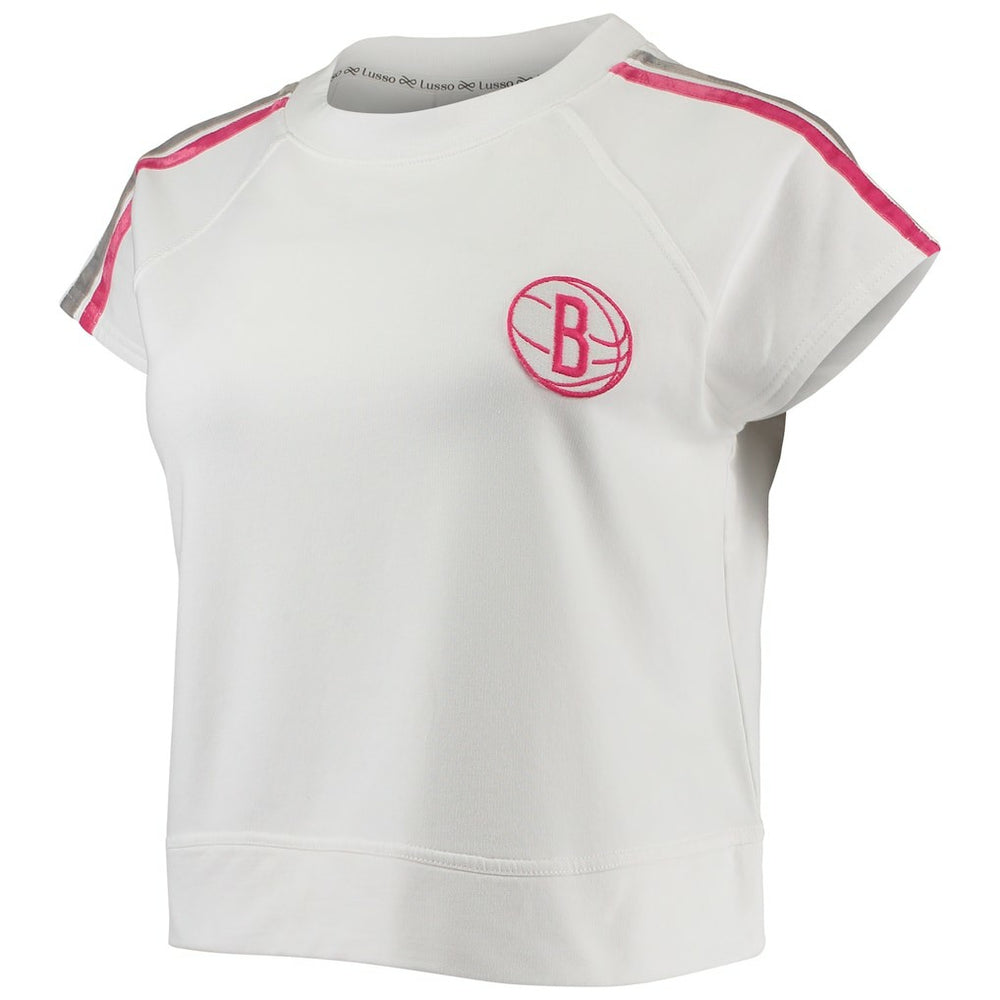 Brooklyn Nets Lusso Women's Margot Cropped Tri-Blend Cap Sleeve Sweatshirt - White for sale