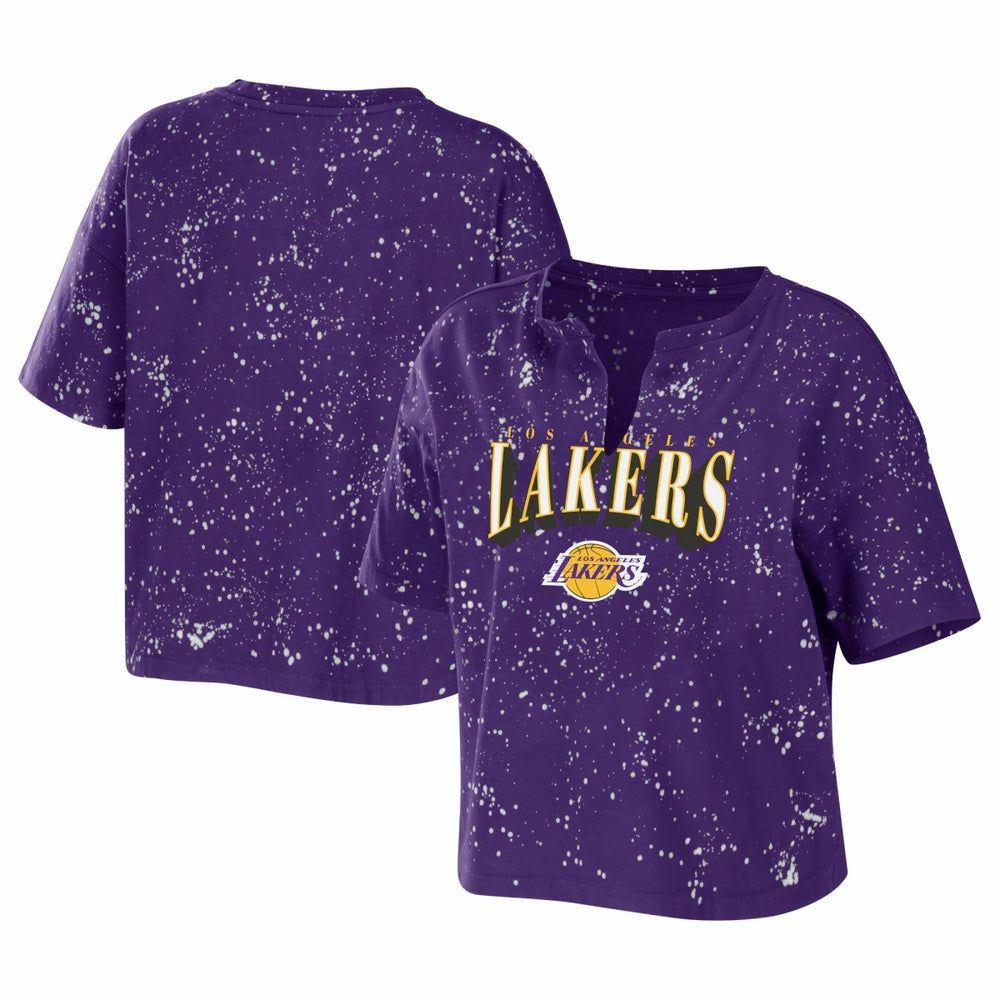 Los Angeles Lakers WEAR by Erin Andrews Women's Bleach Splatter Notch Neck T-Shirt - Purple outlet