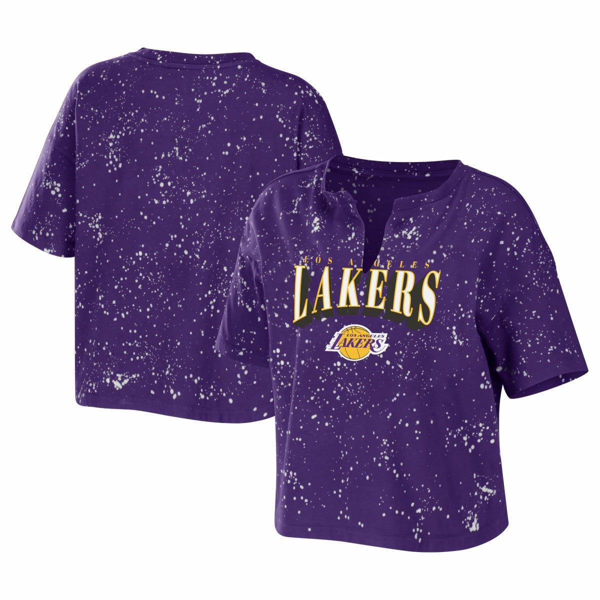 Los Angeles Lakers WEAR by Erin Andrews Women's Bleach Splatter Notch Neck T-Shirt - Purple outlet