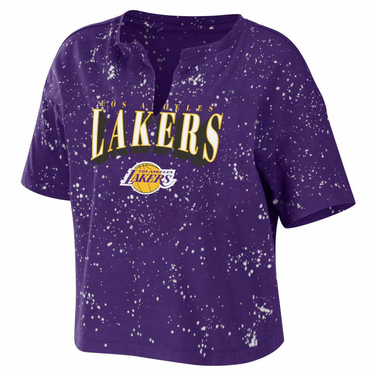 Los Angeles Lakers WEAR by Erin Andrews Women's Bleach Splatter Notch Neck T-Shirt - Purple outlet