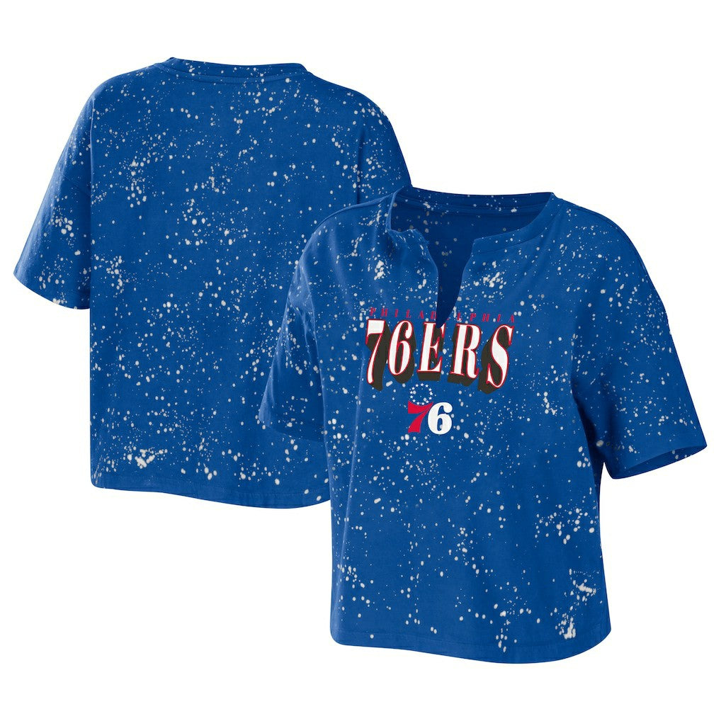 Philadelphia 76ers WEAR by Erin Andrews Women's Bleach Splatter Notch Neck T-Shirt - Royal sale