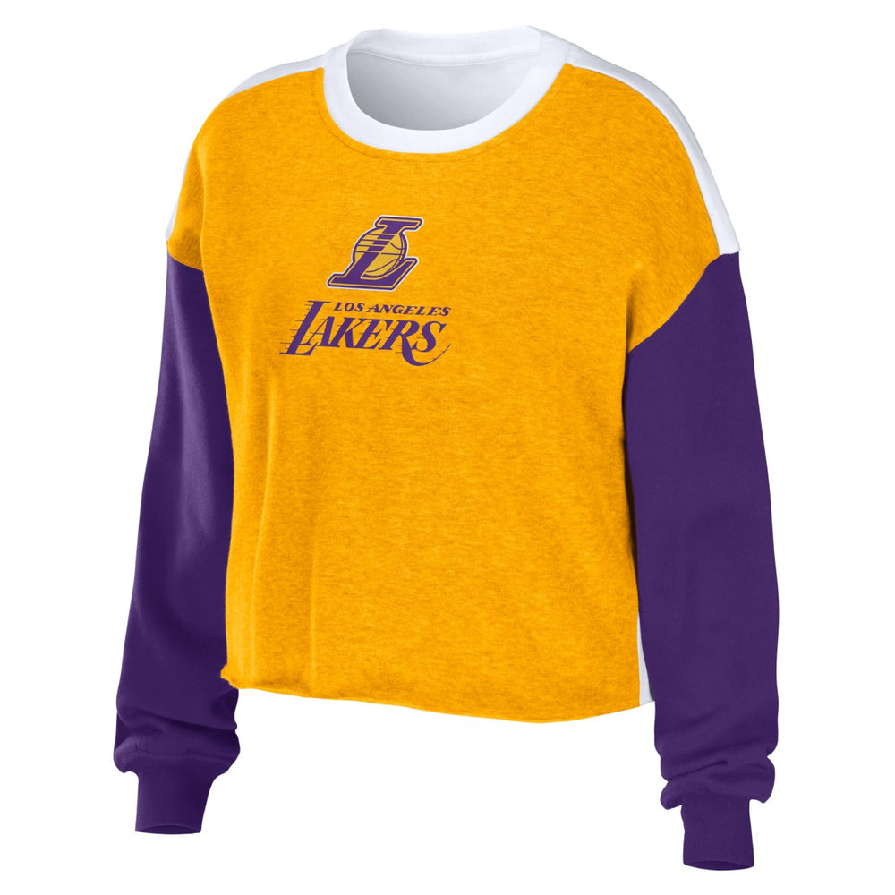 Los Angeles Lakers WEAR by Erin Andrews Women's Mixed Letter Cropped Pullover Sweatshirt - Heather Gold discount