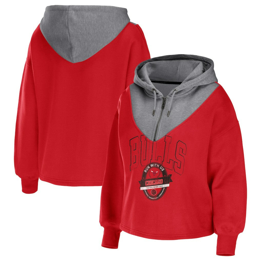 Chicago Bulls WEAR by Erin Andrews Women's Pieced Quarter-Zip Hoodie Jacket - Red for sale