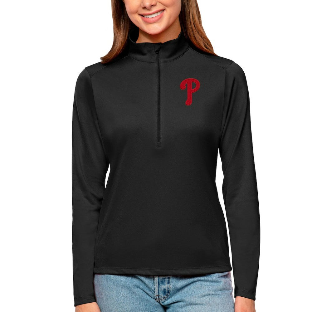 Philadelphia Phillies Antigua Women's Tribute Quarter-Zip Pullover Top - Black