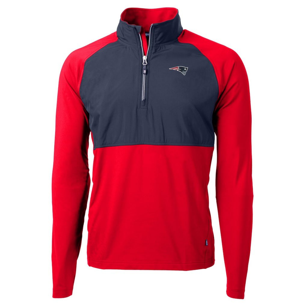 New England Patriots Cutter & Buck Adapt Eco Knit Hybrid Recycled Quarter-Zip Raglan Jacket - Navy/Red on sale