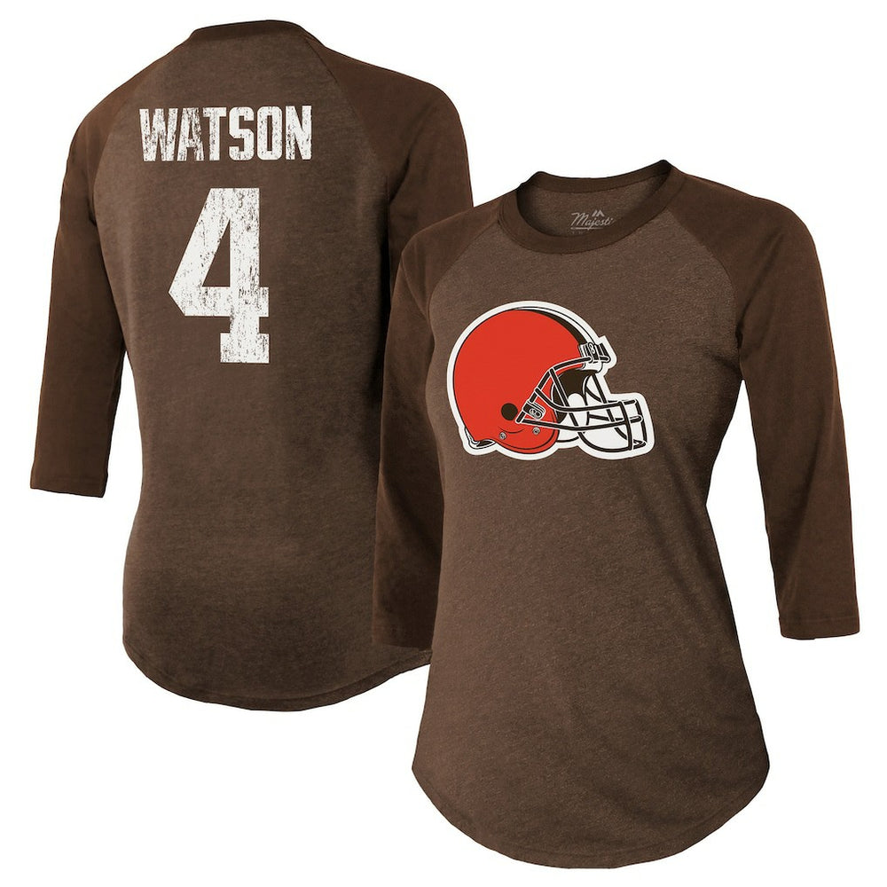 Deshaun Watson Cleveland Browns Majestic Threads Women's Name & Number Raglan 3/4 Sleeve T-Shirt - Brown for sale