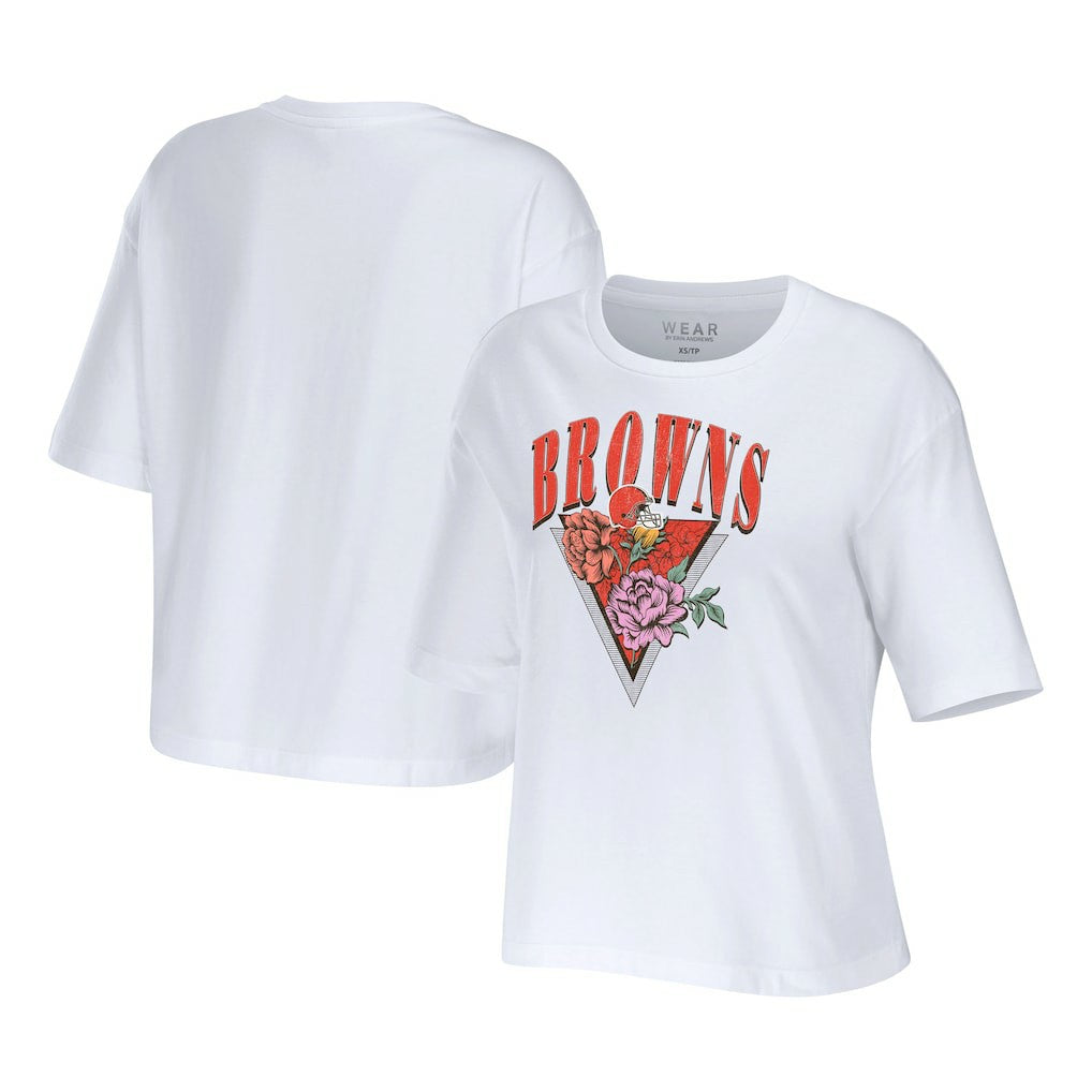 Cleveland Browns WEAR by Erin Andrews Women's Boxy Floral Cropped T-Shirt - White for sale