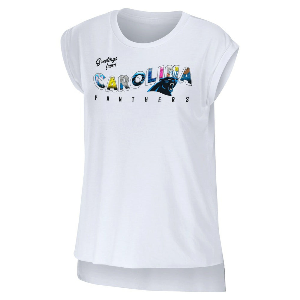 Carolina Panthers WEAR by Erin Andrews Women's Greetings From Muscle T-Shirt - White for sale