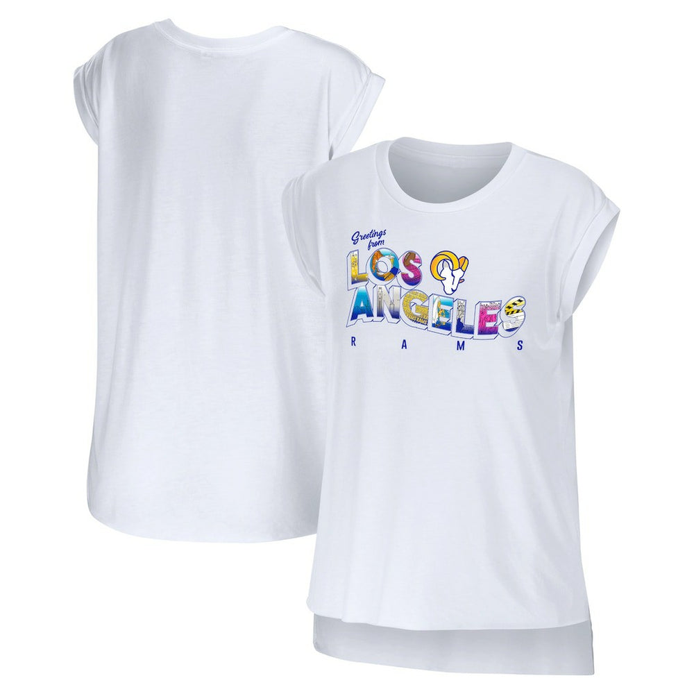 Los Angeles Rams WEAR by Erin Andrews Women's Greetings From Muscle T-Shirt - White on sale