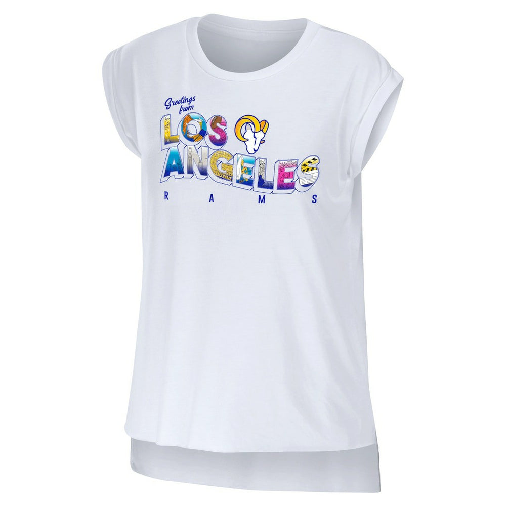 Los Angeles Rams WEAR by Erin Andrews Women's Greetings From Muscle T-Shirt - White on sale