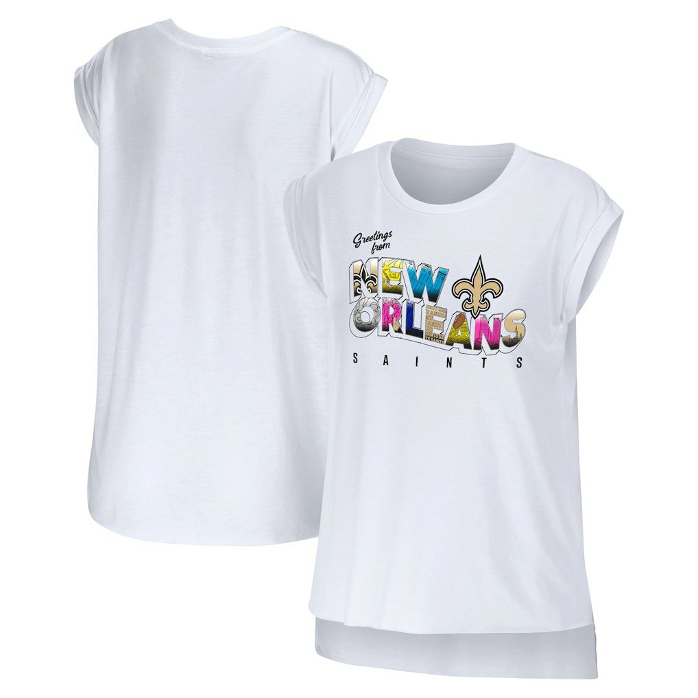 New Orleans Saints WEAR by Erin Andrews Women's Greetings From Muscle T-Shirt - White for sale