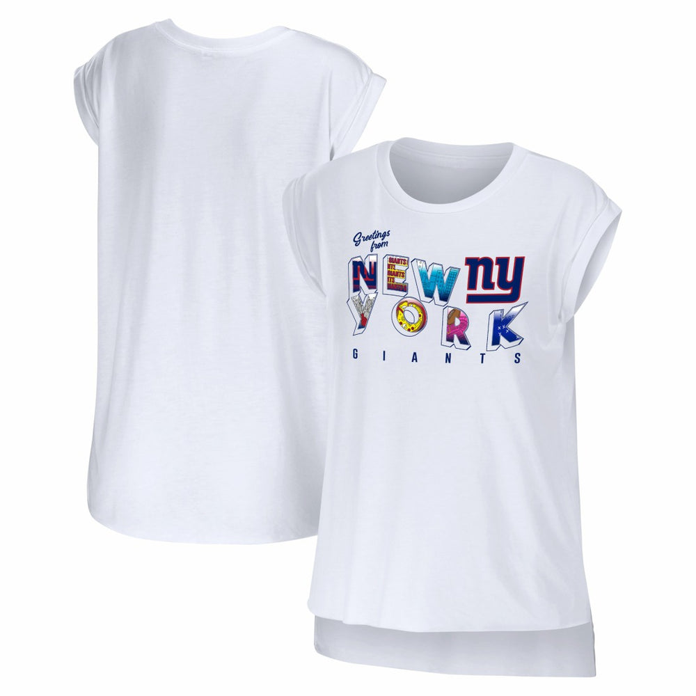 New York Giants WEAR by Erin Andrews Women's Greetings From Muscle T-Shirt - White cheap