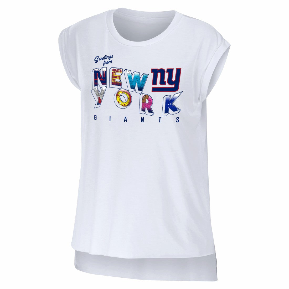 New York Giants WEAR by Erin Andrews Women's Greetings From Muscle T-Shirt - White cheap