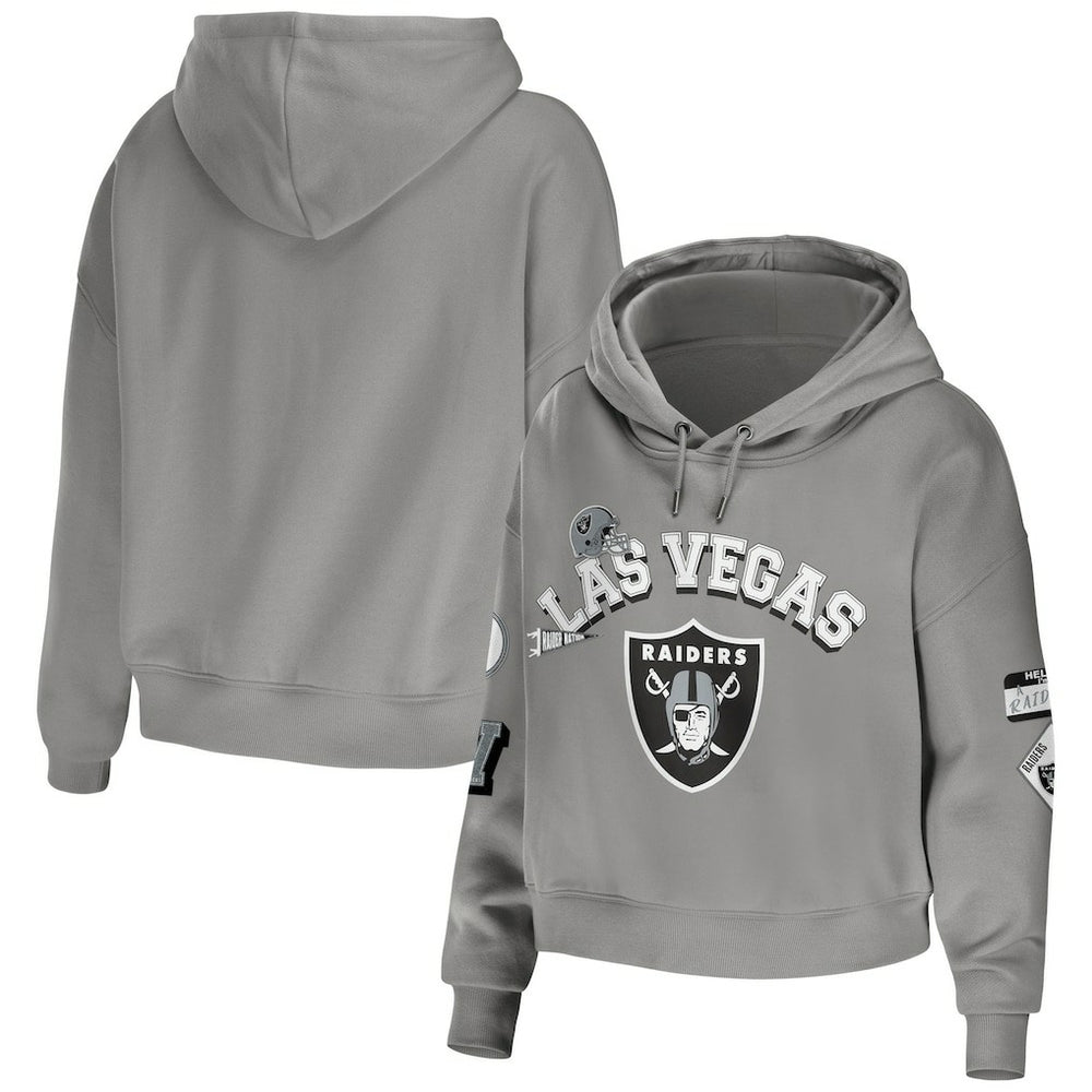 Las Vegas Raiders WEAR by Erin Andrews Women's Modest Cropped Pullover Hoodie - Gray for sale