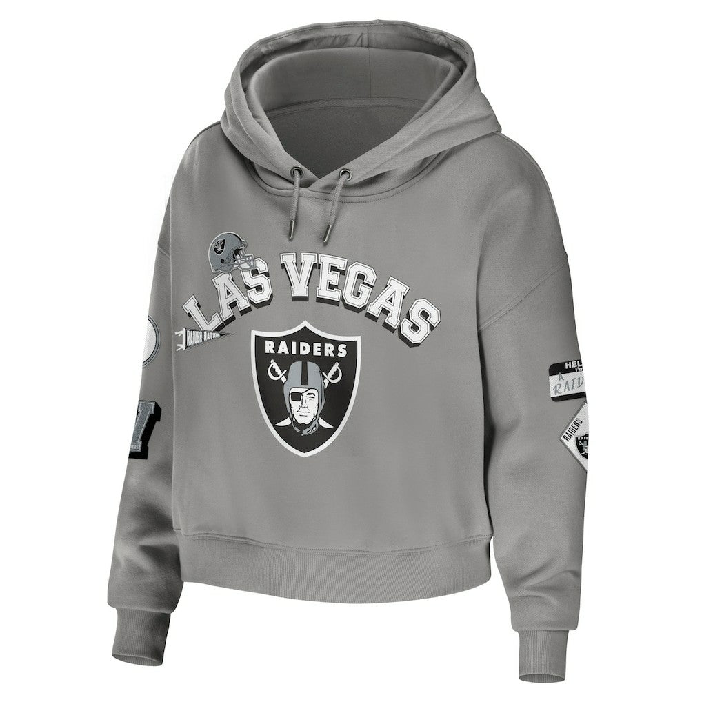 Las Vegas Raiders WEAR by Erin Andrews Women's Modest Cropped Pullover Hoodie - Gray for sale