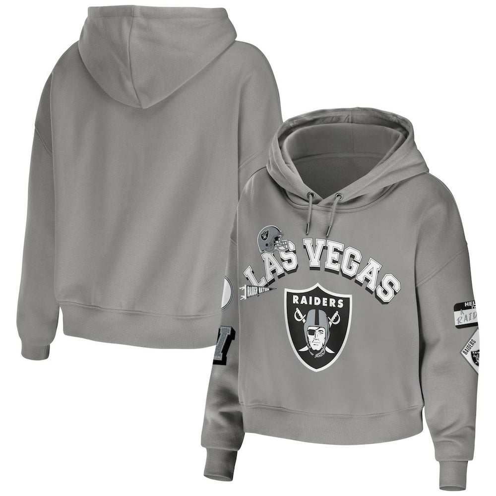 Las Vegas Raiders WEAR by Erin Andrews Women's Plus Size Modest Cropped Pullover Hoodie - Gray for sale