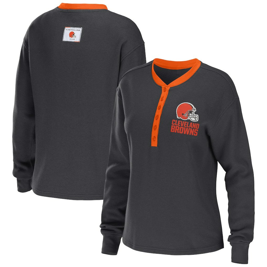 Cleveland Browns WEAR by Erin Andrews Women's Waffle Henley Long Sleeve T-Shirt - Charcoal sale