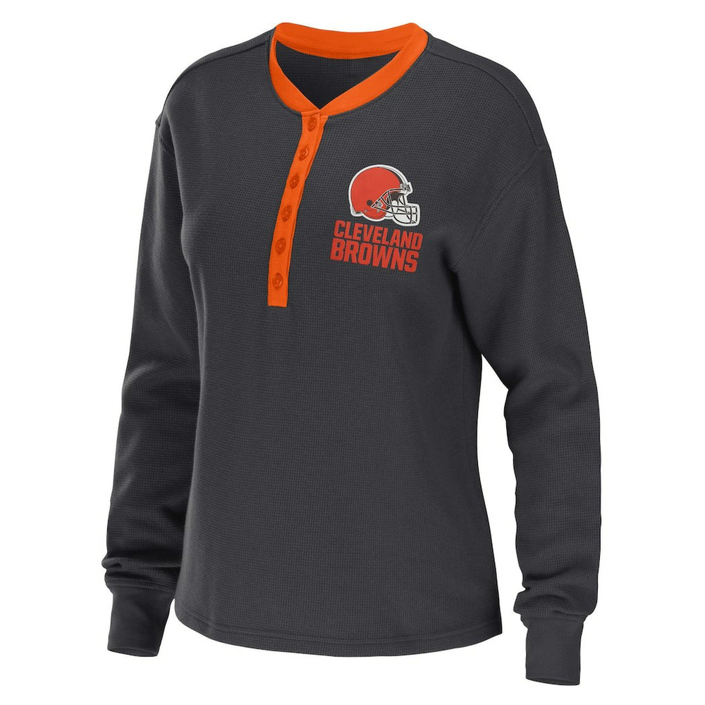 Cleveland Browns WEAR by Erin Andrews Women's Waffle Henley Long Sleeve T-Shirt - Charcoal sale