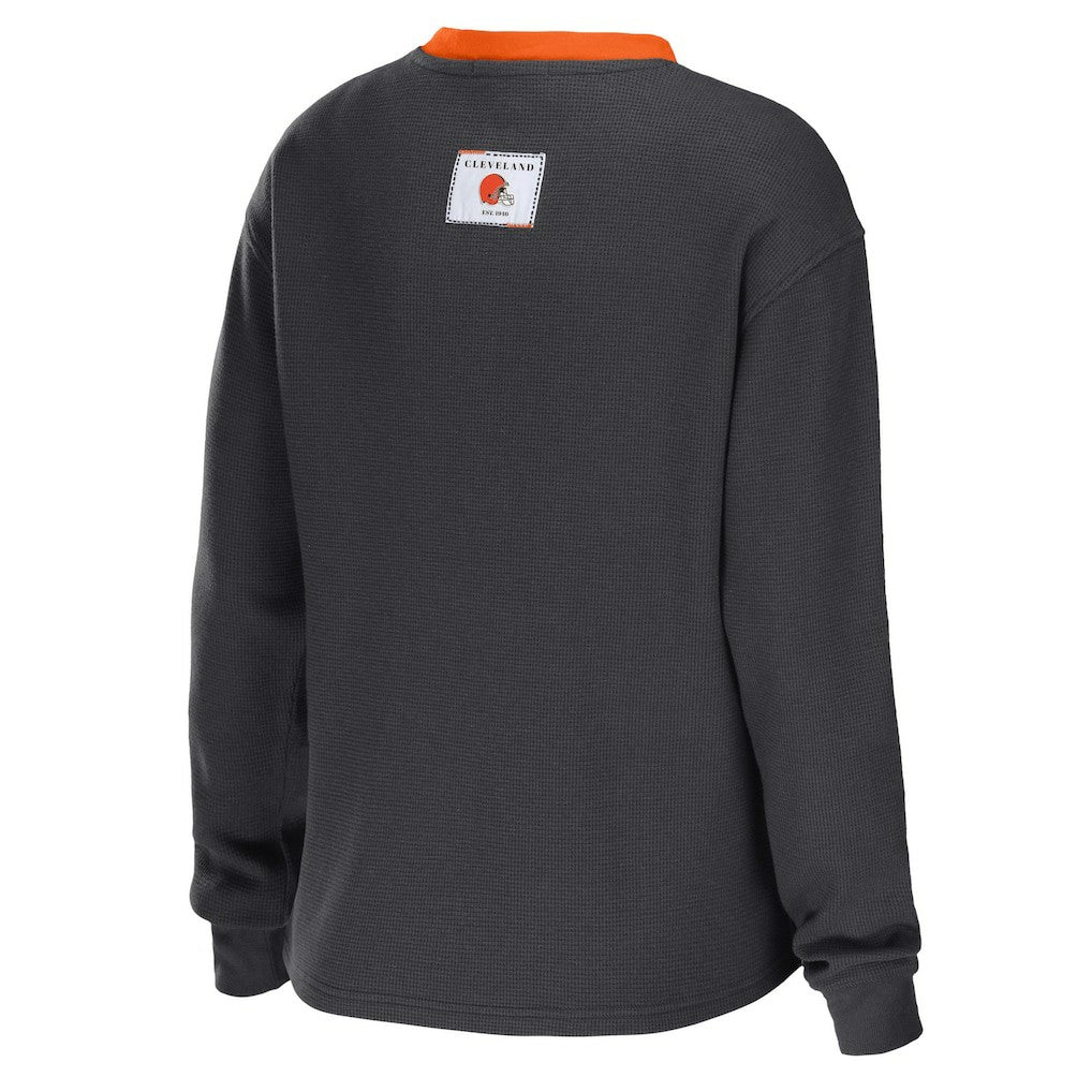 Cleveland Browns WEAR by Erin Andrews Women's Waffle Henley Long Sleeve T-Shirt - Charcoal sale