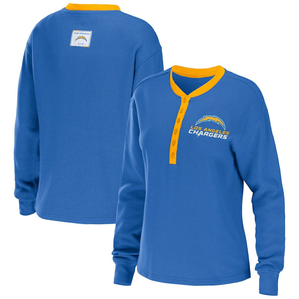 Los Angeles Chargers WEAR by Erin Andrews Women's Waffle Henley Long Sleeve T-Shirt - Powder Blue cheap