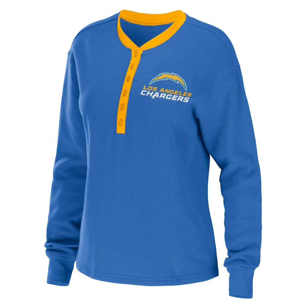 Los Angeles Chargers WEAR by Erin Andrews Women's Waffle Henley Long Sleeve T-Shirt - Powder Blue cheap