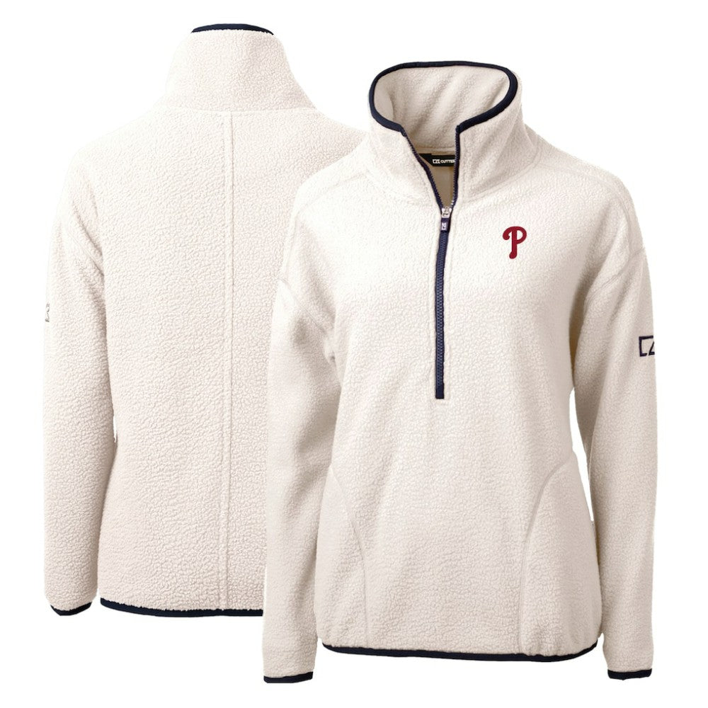 Philadelphia Phillies Cutter & Buck Women's Cascade Eco Sherpa Fleece Quarter-Zip Pullover Jacket - White/Navy