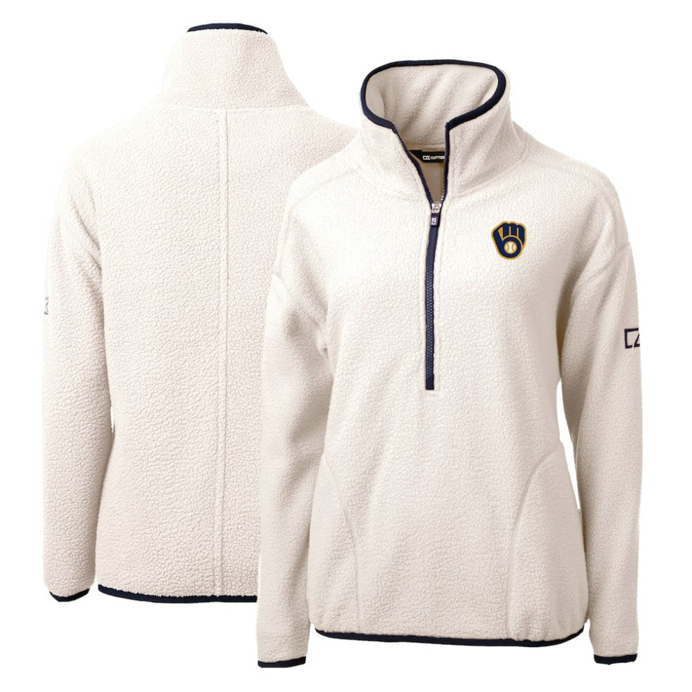Milwaukee Brewers Cutter & Buck Women's Cascade Eco Sherpa Fleece Quarter-Zip Pullover Jacket - White/Navy