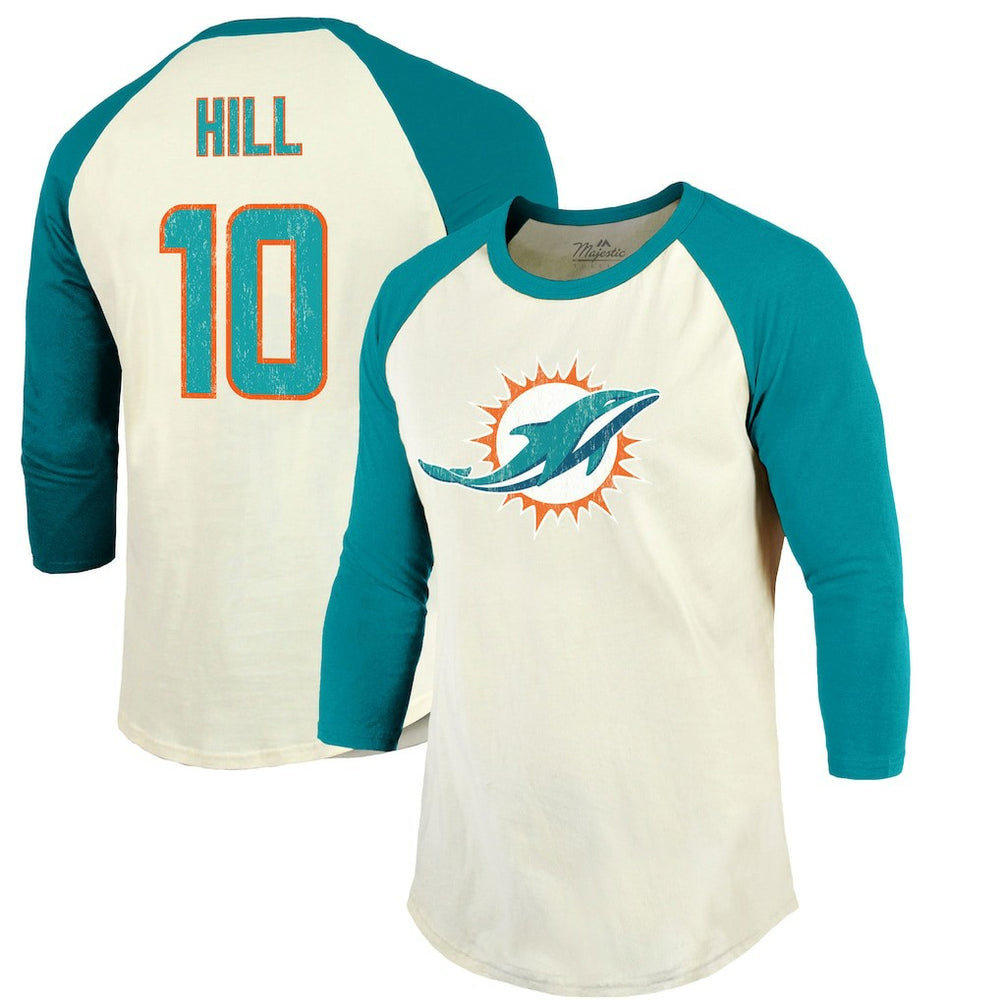 Tyreek Hill Miami Dolphins Majestic Threads Vintage Player Name & Number Raglan 3/4-Sleeve T-Shirt - Cream/Aqua online