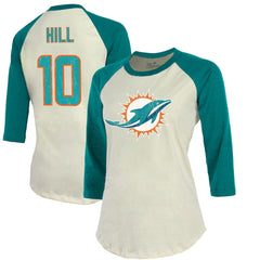 Tyreek Hill Miami Dolphins Majestic Threads Vintage Player Name & Number Raglan 3/4-Sleeve T-Shirt - Cream/Aqua on sale