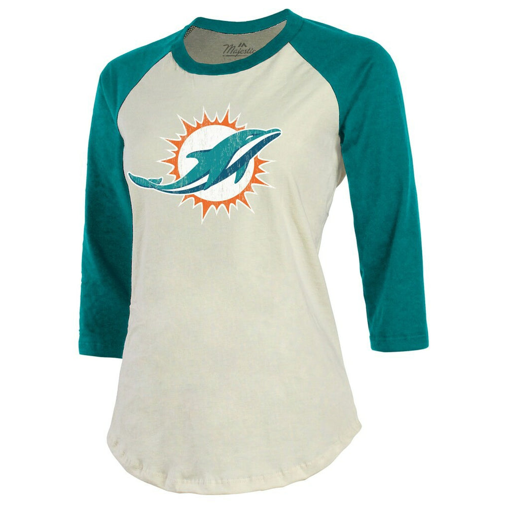 Tyreek Hill Miami Dolphins Majestic Threads Vintage Player Name & Number Raglan 3/4-Sleeve T-Shirt - Cream/Aqua on sale