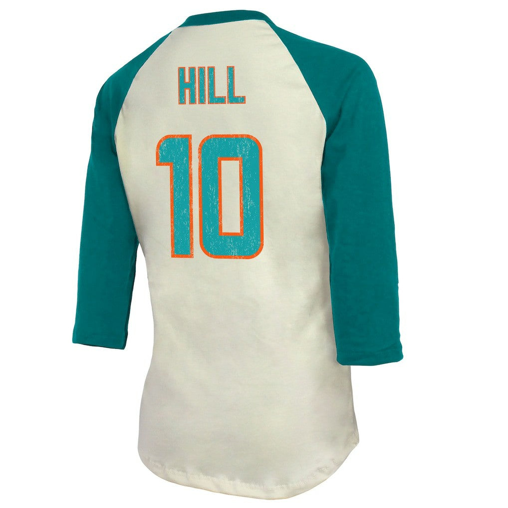 Tyreek Hill Miami Dolphins Majestic Threads Vintage Player Name & Number Raglan 3/4-Sleeve T-Shirt - Cream/Aqua on sale